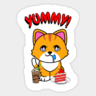 Cute orange cat is having coffee and cake Sticker